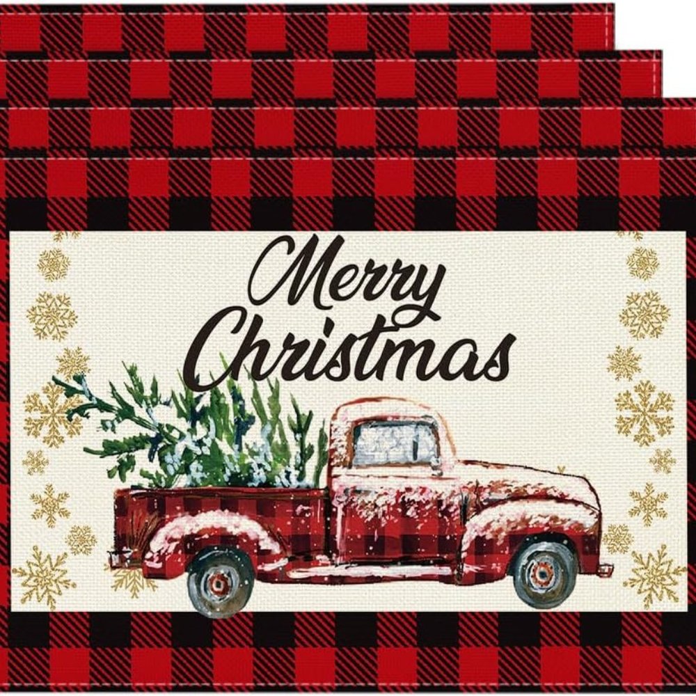 Artoid Mode Red and Black Buffalo Plaid Truck Merry Christmas Placemats Set of 4